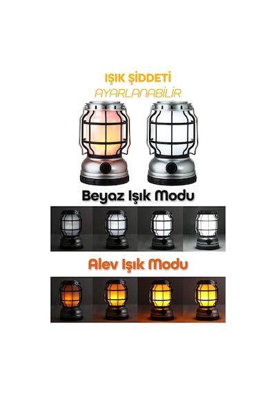 Şarjlı Solar Kamp Lambası - Alev Efektli Powerbank Özellikli Su Geçirmez Led Işıldak Gri 47721 Gri