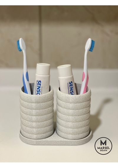 Modern Banyo Düzenleyici V2 - Diş Fırçalık Seti - İkili Set - Mermer Beyaz 10cm Mermer