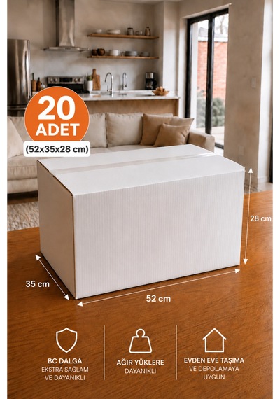 20 Adet Ev Taşıma Kolisi 52x35x28 Cm Bc Dalga Beyaz Koli + 20 Adet Kırılabilir Etiketi Dayanıklı Taşıma Kolisi