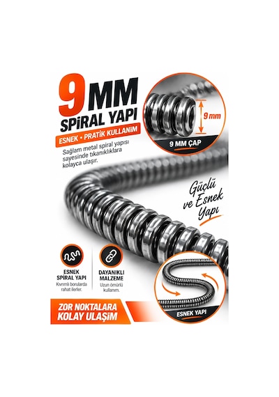 9 Mm 30 Metre Kanal Açıcı Spiral Tel Uzun Erişimli Esnek Gider Açma Susta Teli