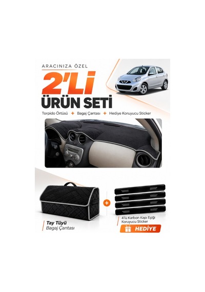 E-biz Nissan Micra March 2010-2016 Uyumlu Torpido Örtüsü + Tay Tüyü Çanta - Siyah-gri - Nı008
