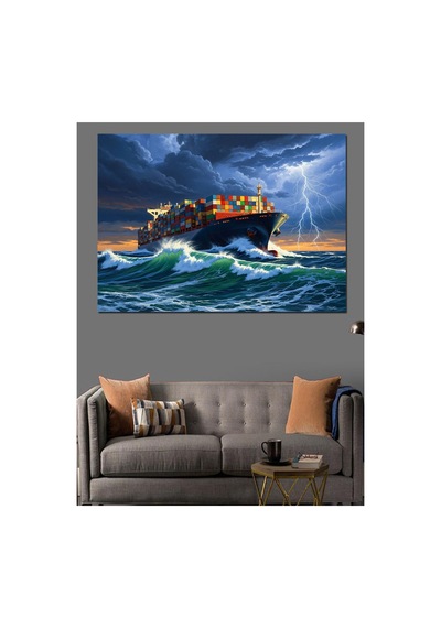 Fırtınalı Denizde Dev Kargo Gemisi Yağlı Boya Dokulu Kanvas Tablo Canvas Tablosu