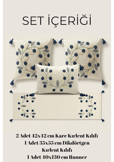 Olivea 4 Lü Punch Nakışlı Botanik Kırlent & Runner Seti 2 Kare + 1 Dikdörtgen Kırlent Kılıfı + 1 Runner Amerikan Servis Mavi