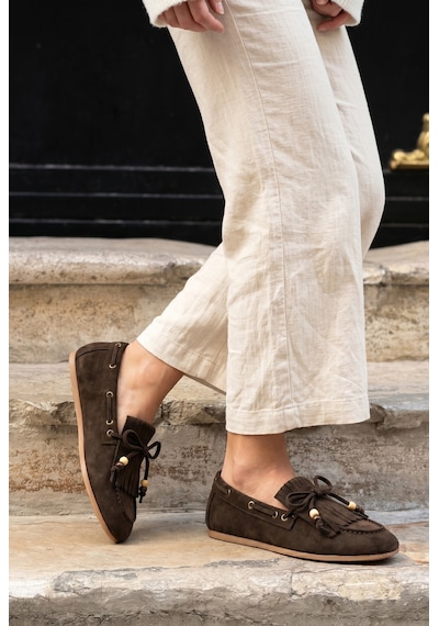 Giamgia Store Püsküllü Boncuk Detaylı Kahverengi Süet Makosen Loafer Ayakkabı-2415
