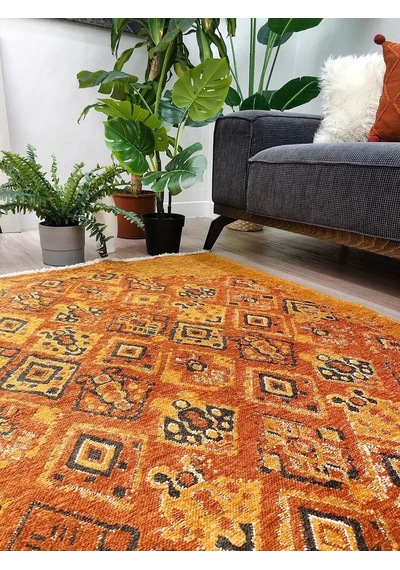 Turuncu Çift Taraflı Modern Vintage Yıkanabilir Antibakteriyel Halı - Yo015btumu