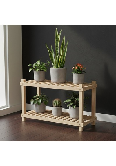 Modern Masif Ahşap Çiçek Standı - 2 Raflı Köknar Ağacı Çok Amaçlı Raf 100x50 Bej