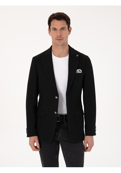 Cacharel Siyah Slim Fit Yün Karışımlı Kırlangıç Yaka Balık Sırtı Blazer Ceket