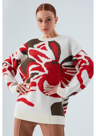 Peraluna Polına Pullover Çiçek Desenli Uzun Kadın Triko Kazak Ekru Multi-ekru Ekru