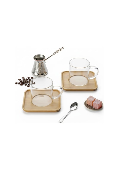 Bambu Tabaklı 2'li Cam Fincan Seti 150 Ml - Yuvarlak/kare Seçenekli Borosilikat Bitki Çayı Ve Double Kahve Fincanı Kare Tabaklı Çok Renkli