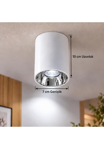 Silindir Sıva Üstü Led Spot Armatür, Modern Dekoratif Tavan Aydınlatması, Mercekli Tasarım Beyaz Kasa - Krom Diğer