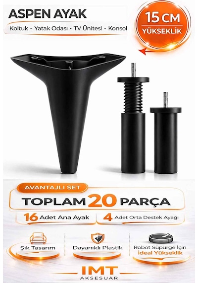 Aspen 15 Cm Siyah 20 Adet Mobilya Ayağı Robot Süpürgeye Uyumlu Koltuk Tv Ünitesi Konsol Ayağı Siyah