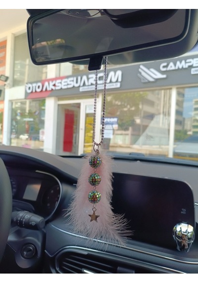 Disko Toplu Metal Yıldız Dikiz Ayna Süsü Pudra Pembe Tüylü Renk