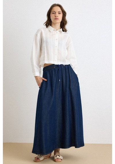 Olcay Beli Lastikli Soft Denim Etek Lacivert 7068