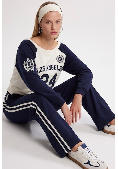 Ritnice Kadın Stone Kayık Yaka Sweatshirt Şeritli Alt Eşofman Lacivert Alt Üst Takım