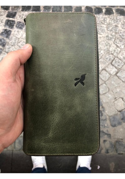 Karalı Deri Unisex Koyu Yeşil  Hakiki Deri Telefon Bölmeli Kartlıklı Cüzdan El Portföyü Yeşil