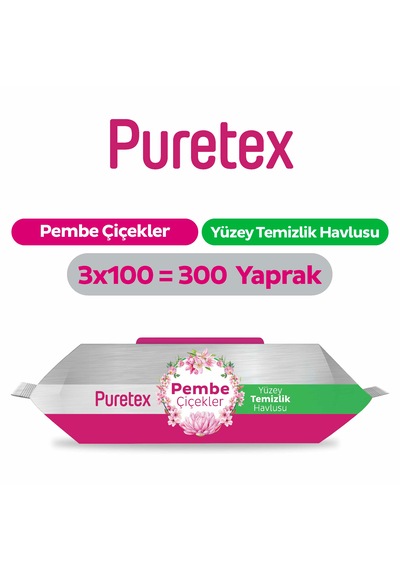 Puretex Yüzey Temizlik Havlusu Pembe Çiçekler 3x100 300 Yaprak Beyaz