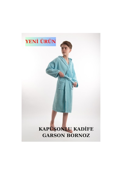 Pamuklu Kapüşonlu Genç Garson Boy Unisex Cepli Bukle Kadife Bornoz Turkuaz