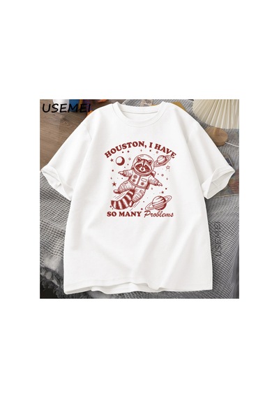 Tarzsokak Houston O Kadar Çok Sorun Var T Shirt Erkek Kadın Komik Vintage Komik Rakun Uzayda Hayvan T-s 2977 Beyaz