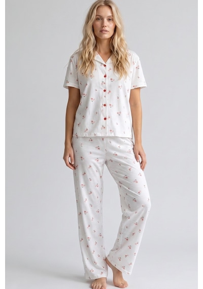 Siyah İnci İnce Soft Örme Mevsimlik Düğmeli Pijama Takımı 8002 Çiçekli Kalp