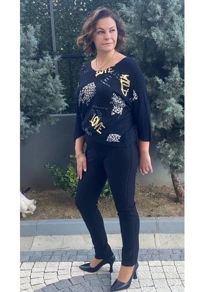 Mia Butik Kadın Siyah Punto Yanları Taş Detaylı Pantolon Siyah