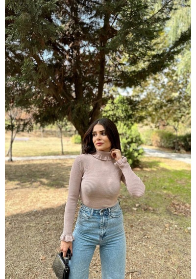 Kadın Gül Kurusu Fırfırlı Boğazlı Yaka, Uzun Kol, Vucüda Oturan Esnek Kumaş, Düz Desen, Triko Bluz Gülkurusu