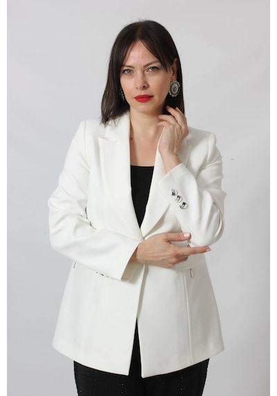 Moda Berray 1904 Beyaz Fermuarlı Cep Aksesuarlı Kadın Büyük Beden Blazer Ceket Beyaz