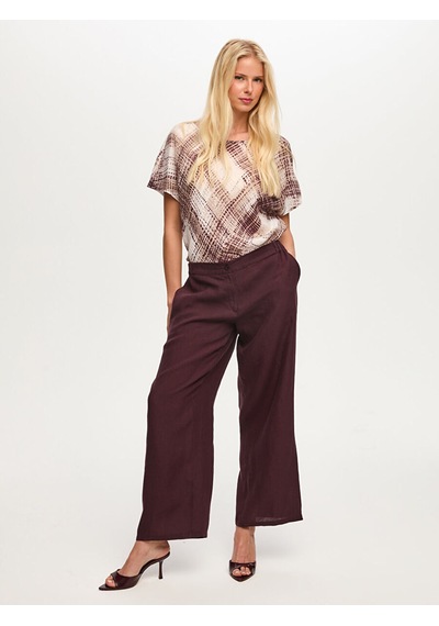Faik Sönmez Arka Beli Lastikli Wide Leg Fit %100 Keten Pantolon S26pnt013 Us26pnt013203 Koyu Mürdüm