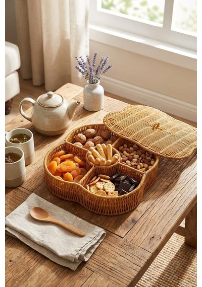 Kapaklı 5 Bölmeli Hasır Desenli Plastik Rattan Organizer Kutu, Doğal Rattan Rengi, 30x30x7.5 Cm, Çok Amaçlı Sakla Diğer