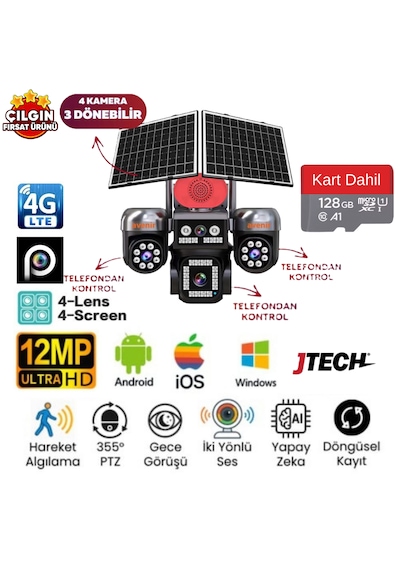 Avenir Av-s446 3mp+3mp+3mp+3mp 12mp Aov Esim 4g Solar 4 Kameralı 3 Lens Ptz Akıllı Kamera + 128gb Sd Kart Dahil