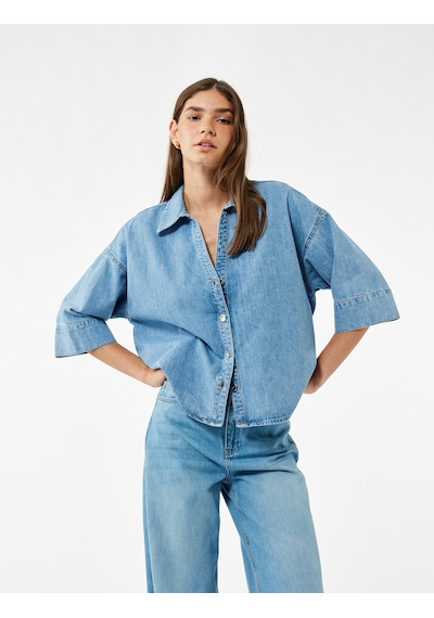 Koton Oversize V Yaka Pamuklu Yarım Kollu Jean Gömlek Açık İndigo 7wal60001md