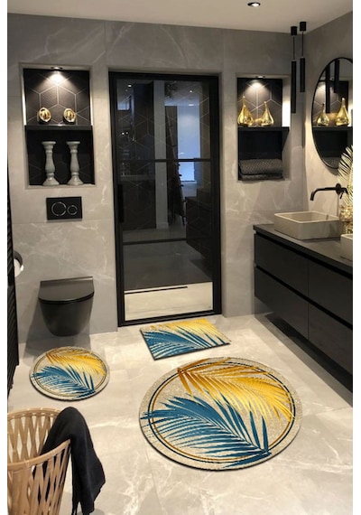 Hardal Mavi, Kaymaz, Pamuk Dokuma Taban Banyo Halısı-100X100 - 60X60 - 40X60 Cm (3'Lü Set) Çok Renkli
