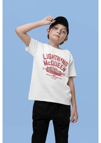 Sevbano Lightning Mcqueen Baskılı Unisex Arabalar Şimşek Mcqueen Çizgi Fi Beyaz