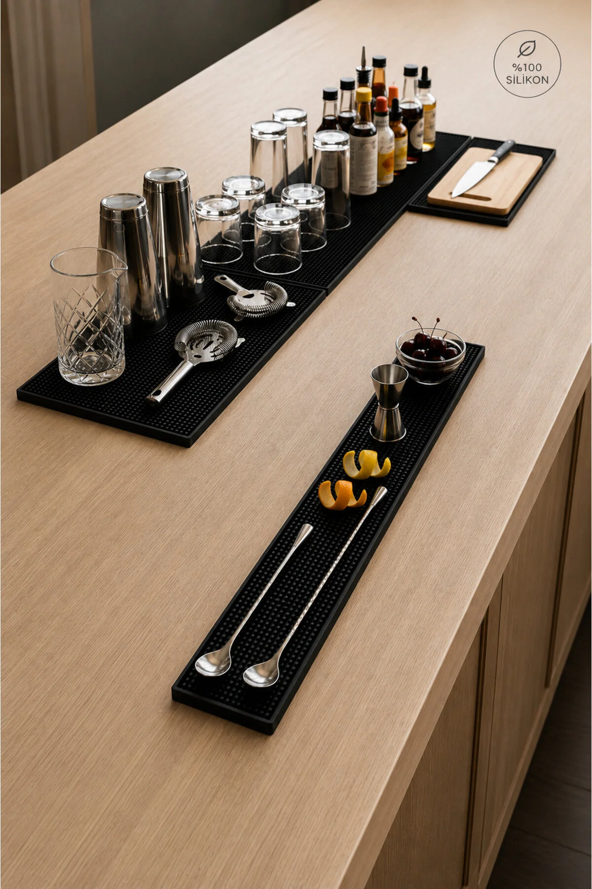 Bar Mat 60x8 %100 Silikon Kaymaz Bardak Pedi Kafe / Bar / Mutfak Siyah