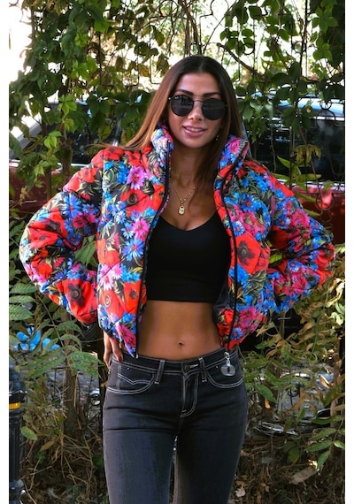Keyifli Moda Kadın Mavi Dik Yaka Çiçekli Kısa Şişme Mont - 40 Mavi