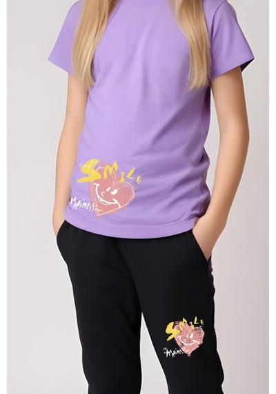 Panios Kids Smile Baskılı Kız Çocuk Tişört Ve Eşofman Alt-üst Takım Lila
