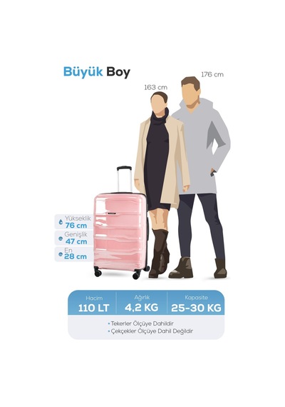 Polo&sky Azra Model Pudra Pembe Pp Polipropilen Kırılmaz Büyük Boy Valiz Bavul Pembe
