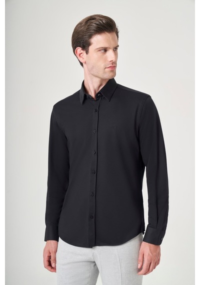 İmza Siyah Tulum Yaka Uzun Kol Cepsiz Örme Slim Fit Pamuklu Gömlek 1004260208