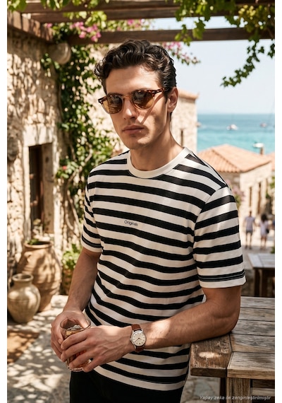 Buratti Çizgili Pamuklu Relaxed Fit Bisiklet Yaka T Shirt Erkek T Shirt 5904078 Siyah