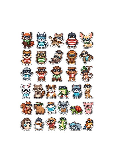 30 Adet Chibi Gözlüklü Havalı Hayvanlar Sticker Seti - Laptop Ajanda Telefon İçin Çok Renkli