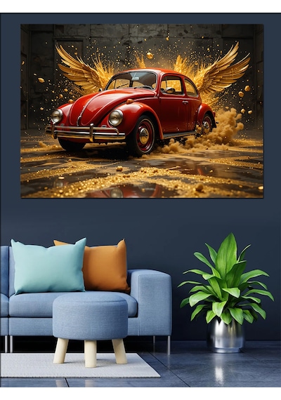 Altın Volkswagen Beetle Dekoratif Kanvas - Mdf Ahşap Tablo