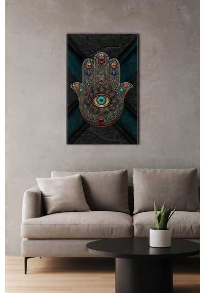 Hamsa El Ve Nazar Göz Tasarımlı Dekoratif Cam Tablo