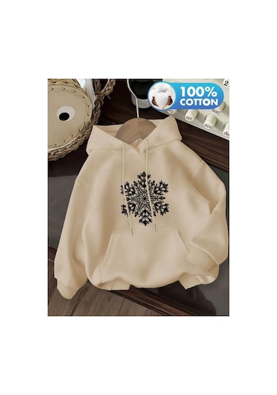 Herkesemoda Kar Tanesi Baskı Detaylı Kapüşonlu Sweatshırt Bej Bej