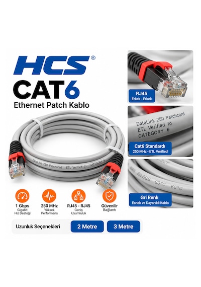 İnternet Kablosu 2 Metre Cat6 Ethernet Kablo 3'lü Paket Gri Rj45 Test Edilmiş