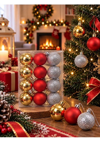 12'li Set 4 Cm Karışık Yılbaşı Ağacı Süsü Mat, Simli Ve Parlak Karışık Çam Ağacı Topu Noel Süsü Diğer