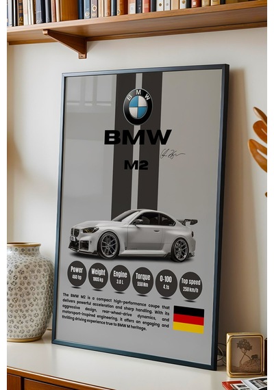 Bmw M2 Premium Spor Araba Çerçeveli Tablo - Teknik Özellikli Otomobil Sever Duvar Dekoru Siyah