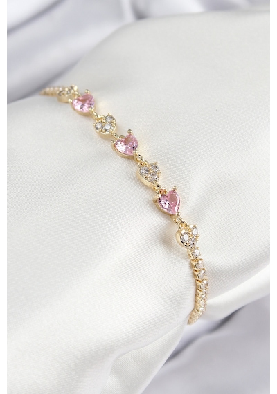 Pirinç Zirkon Taşlı Pembe Kalp Model Gold Renk Kadın Bileklik Çok Renkli