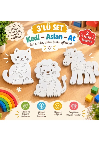 3 Lü Hayvan Figürlü Eğitici Yapboz Seti Kedi, Aslan Ve At