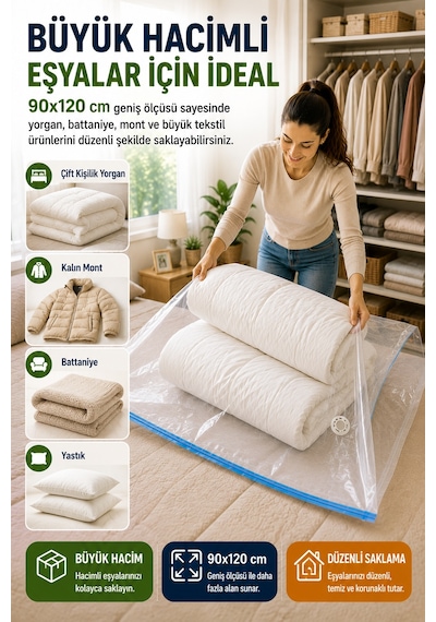 Ultra Boy Vakumlu Hurç 90x120 Cm 1 Adet Çift Kilitli Vakum Poşeti Yorgan Battaniye Saklama Çuvalı Şeffaf