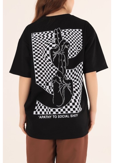 Siyah Yazı Baskılı Unisex Tişört Siyah
