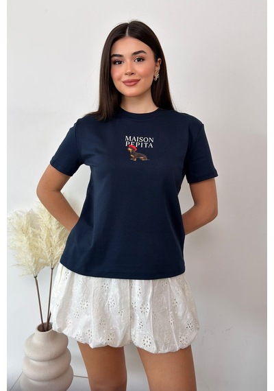Giysa Kadın Bisiklet Yaka Maison Köpek Baskılı T-shirt Lacivert - 26y 4444